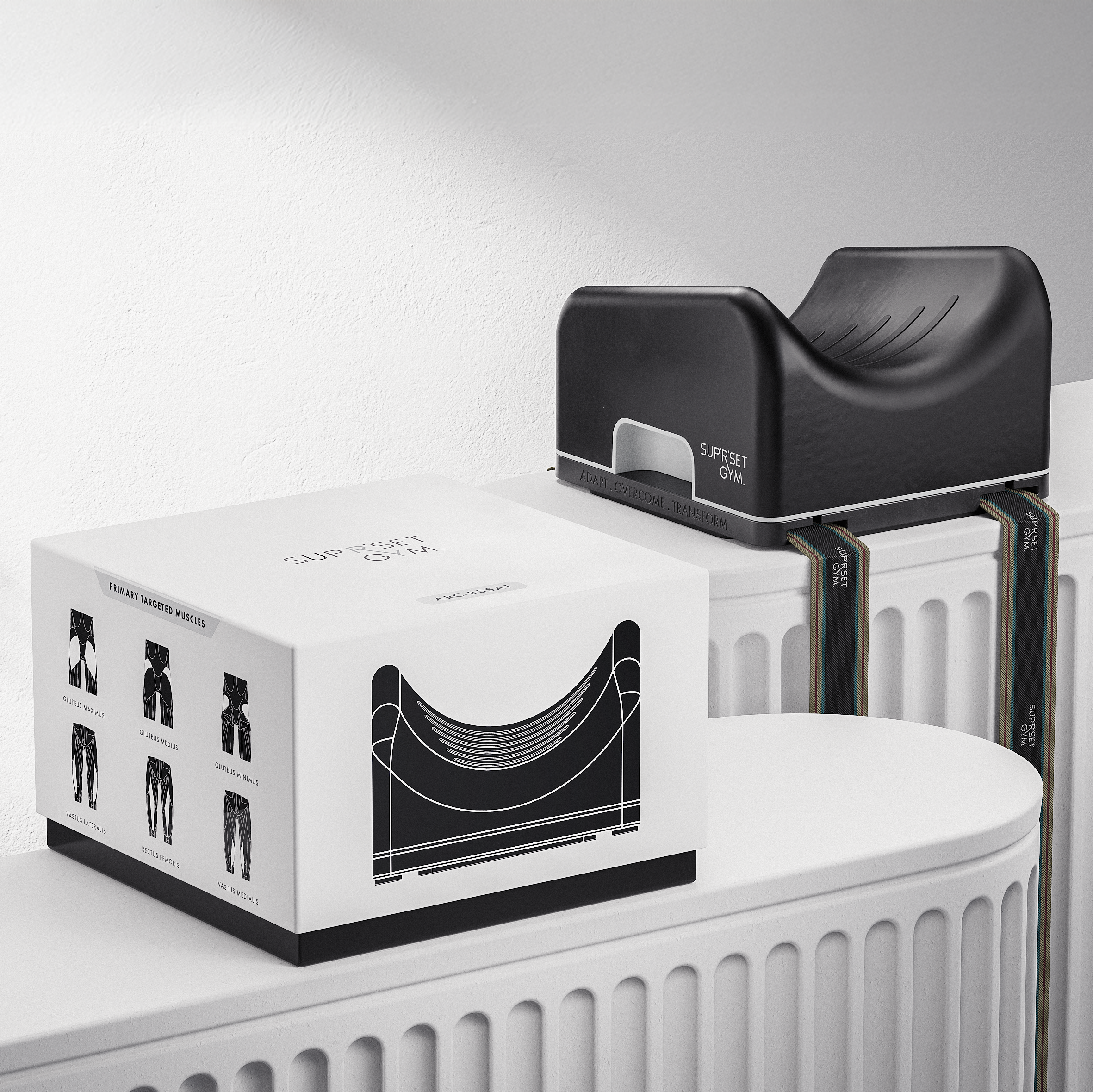 A black Bulgarian Split Squat Stability Block placed on top of a white podium, with its packaging box showing the product illustration.