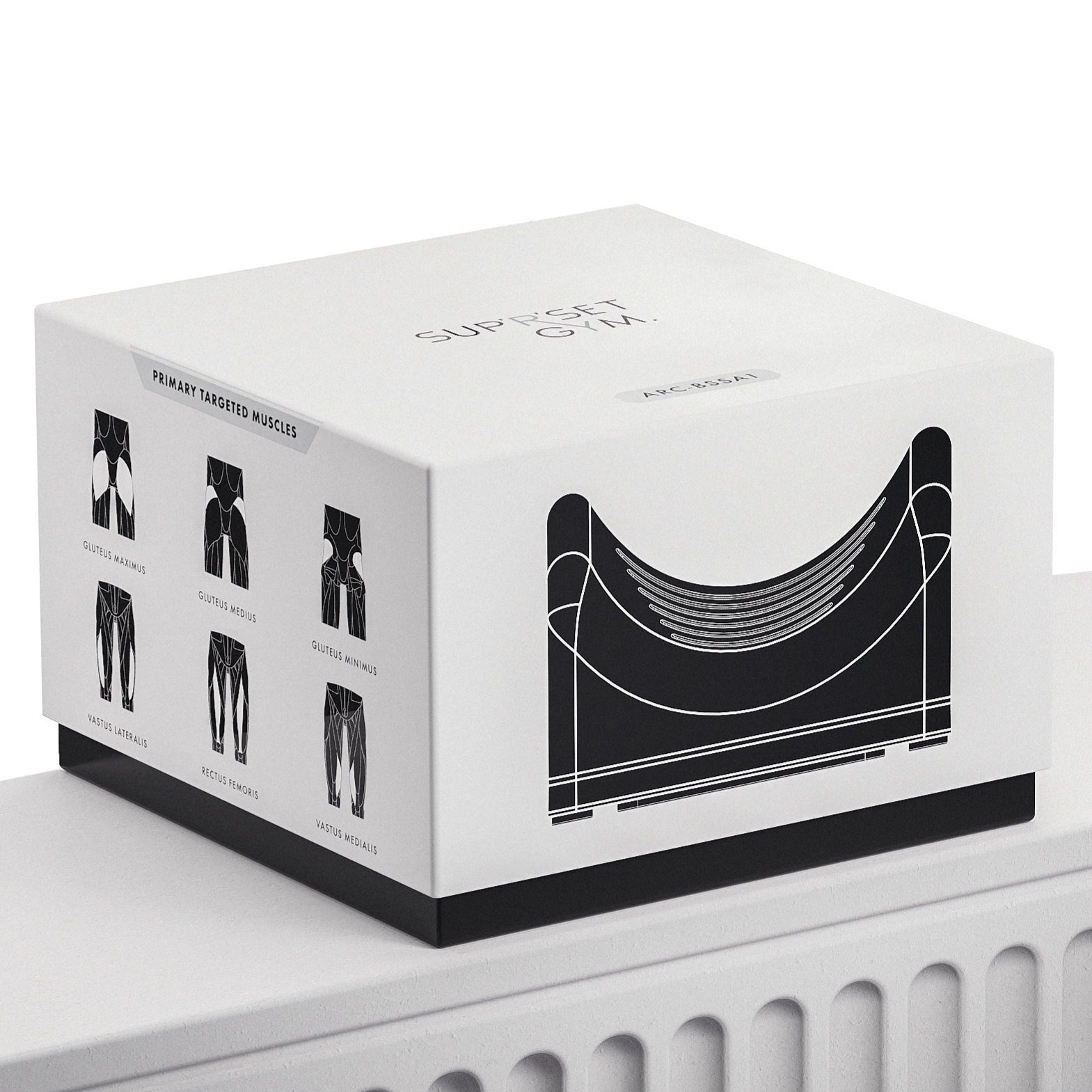 ARC Signature Packaging in white with black graphics and text on a white surface and placed on podium.